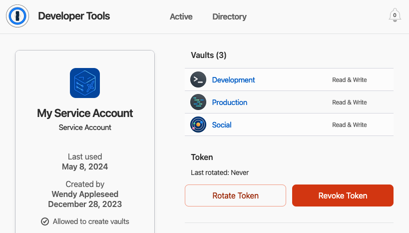 1Password.com open to the details of a service account.