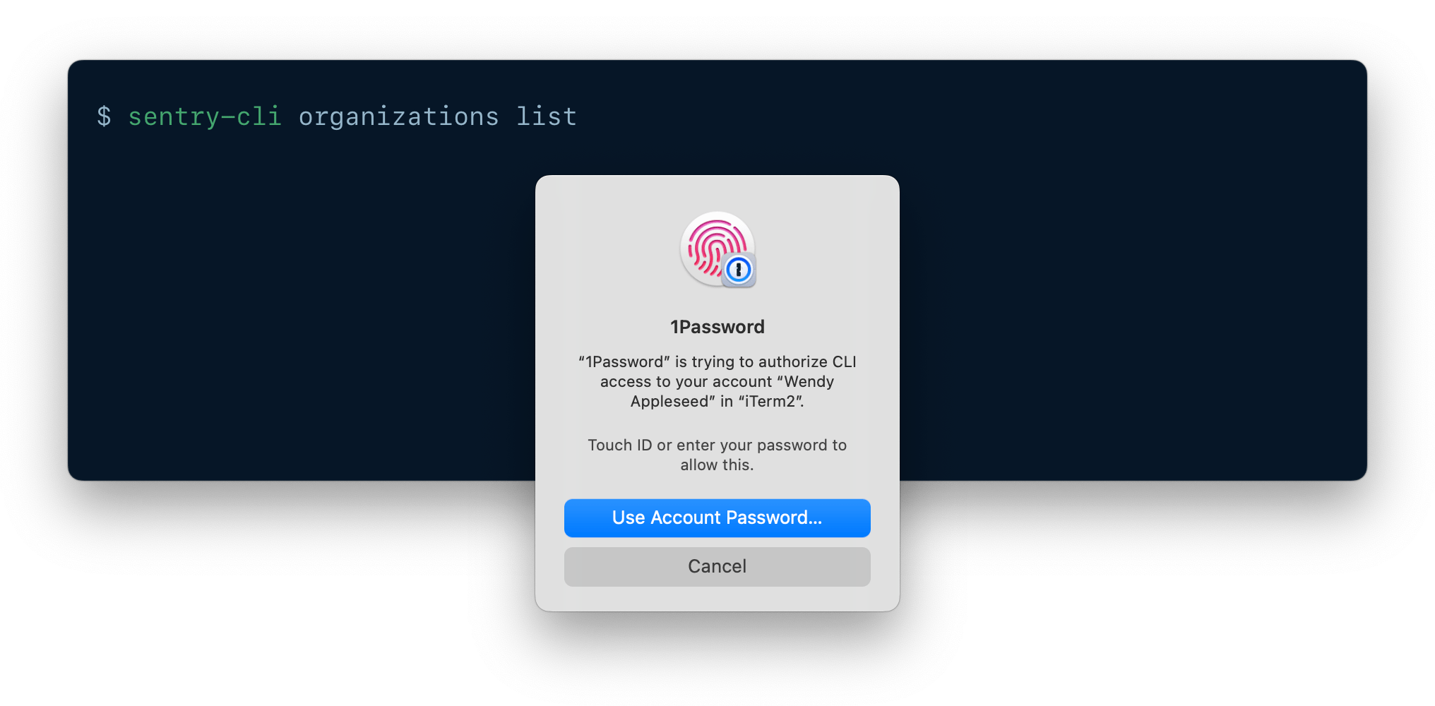 A CLI being authenticated using 1Password CLI biometric unlock.