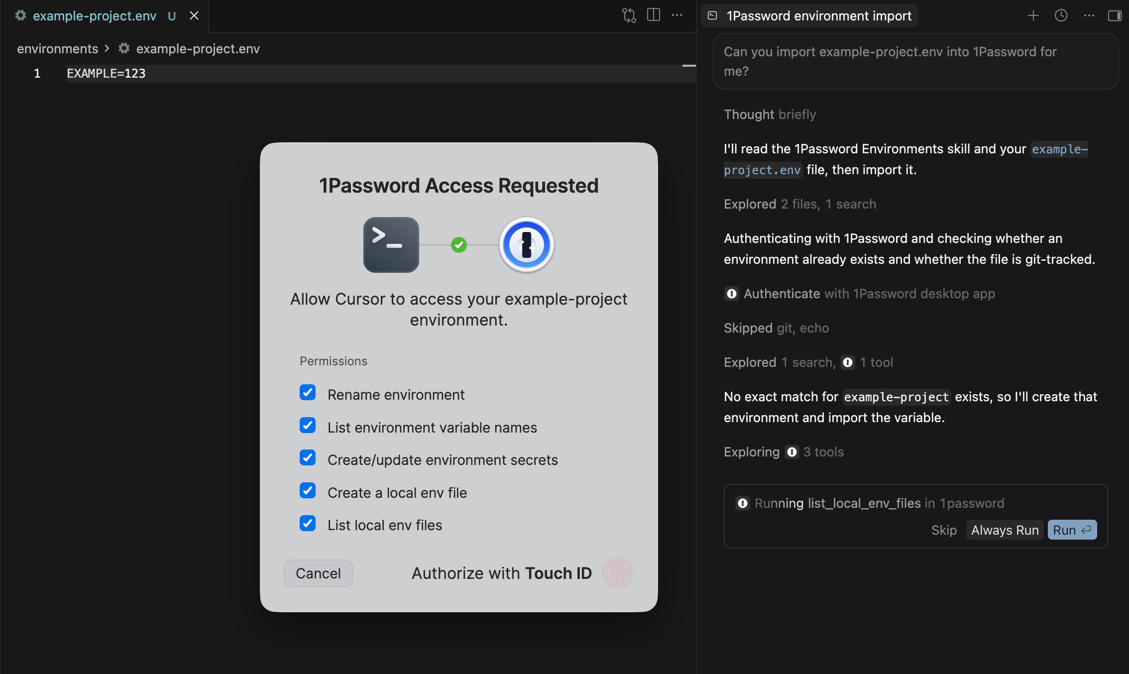 Cursor Agent importing a .env file into 1Password using the 1password-environments skill, with a 1Password authorization prompt to list and create environments.