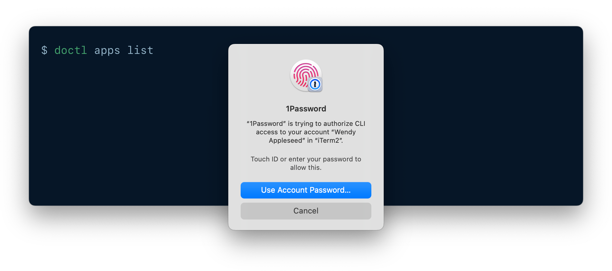 A CLI being authenticated using 1Password CLI biometric unlock.