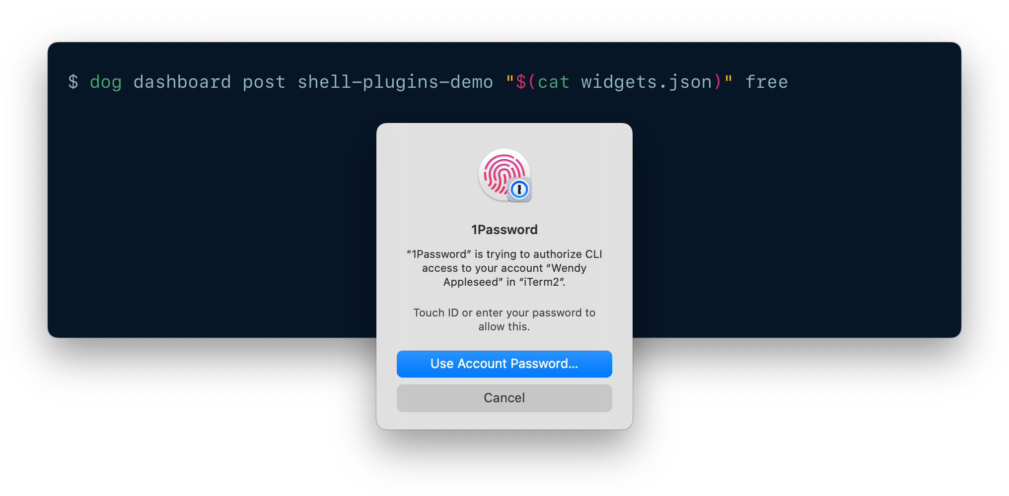 A CLI being authenticated using 1Password CLI biometric unlock.