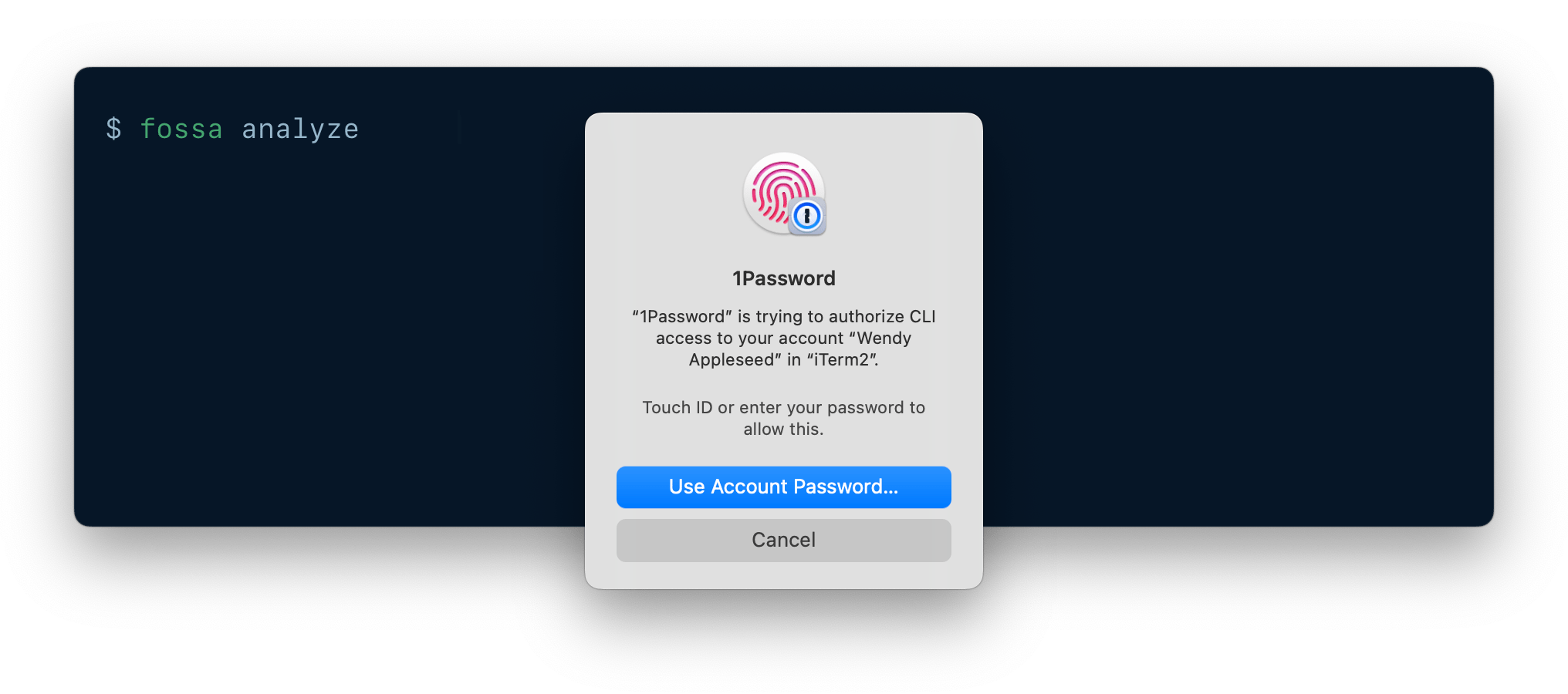 A CLI being authenticated using 1Password CLI biometric unlock.