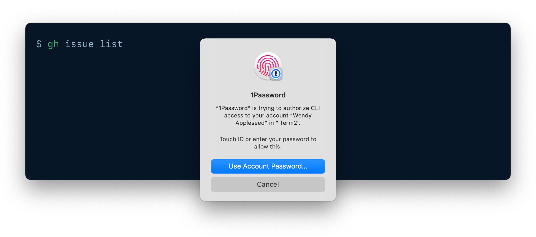 A CLI being authenticated using 1Password CLI biometric unlock.