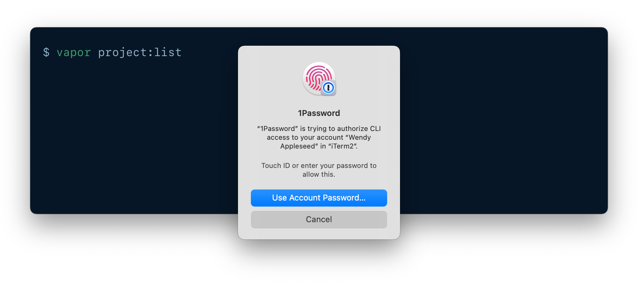 A CLI being authenticated using 1Password CLI biometric unlock.