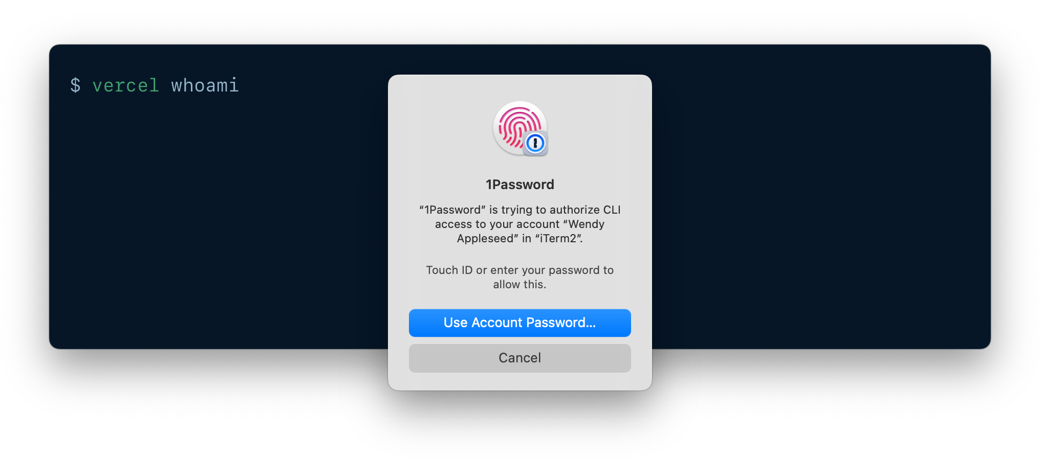 A CLI being authenticated using 1Password CLI biometric unlock.