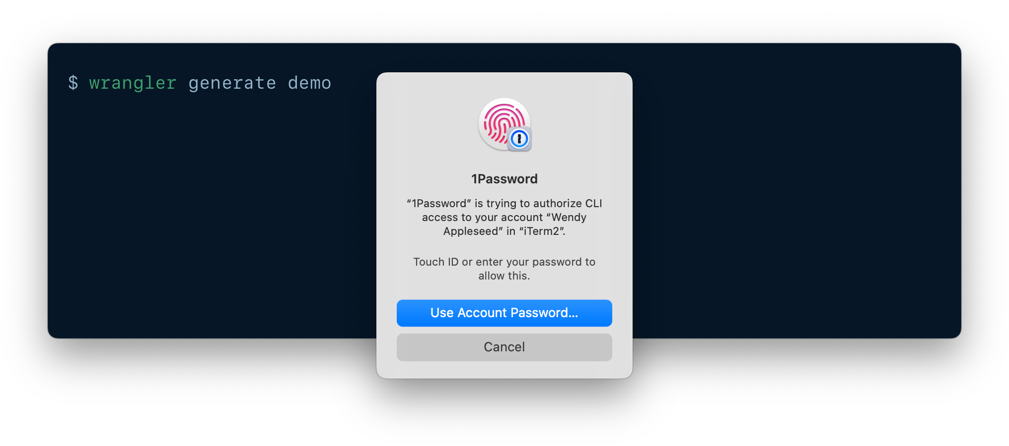 A CLI being authenticated using 1Password CLI biometric unlock.