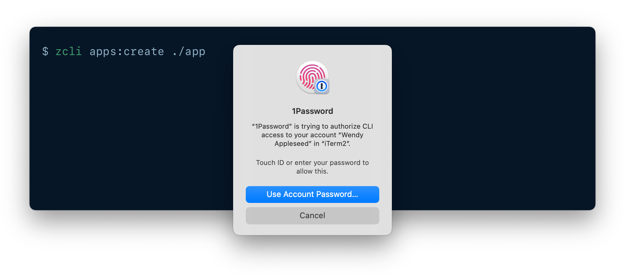 A CLI being authenticated using 1Password CLI biometric unlock.