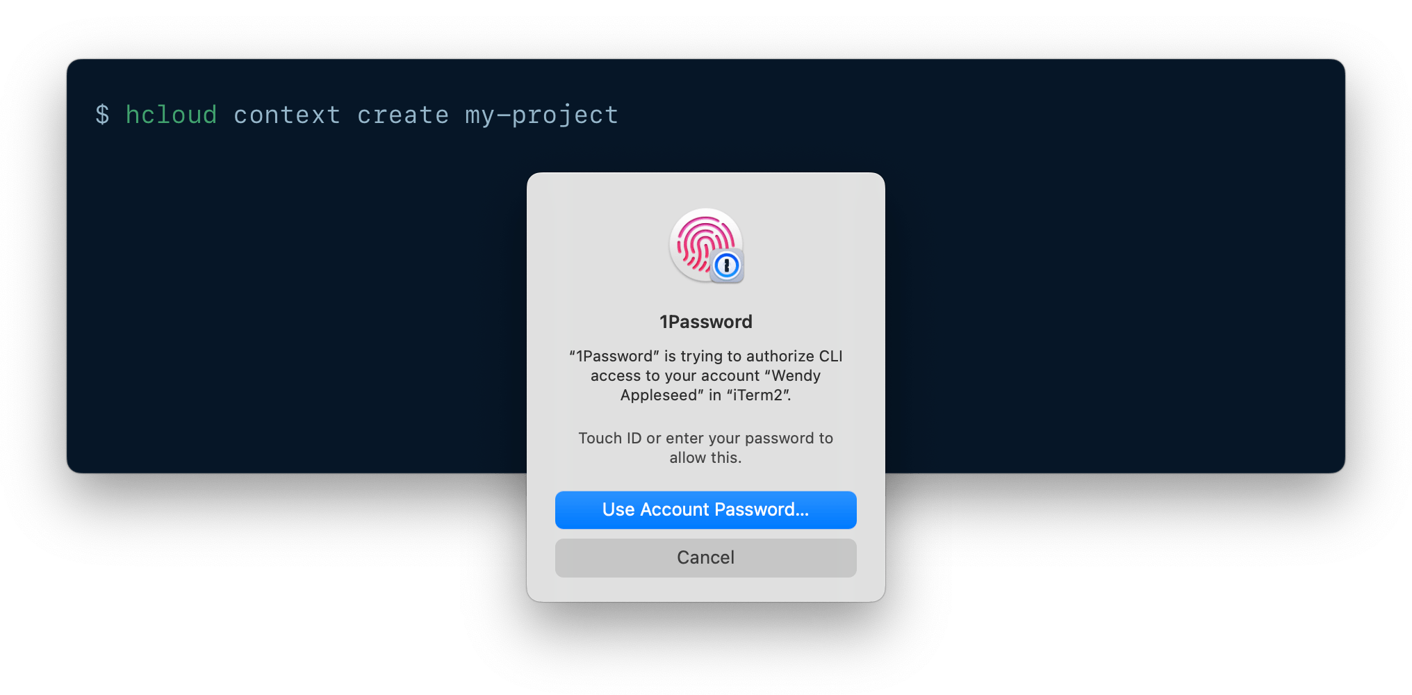 A CLI being authenticated using 1Password CLI biometric unlock.