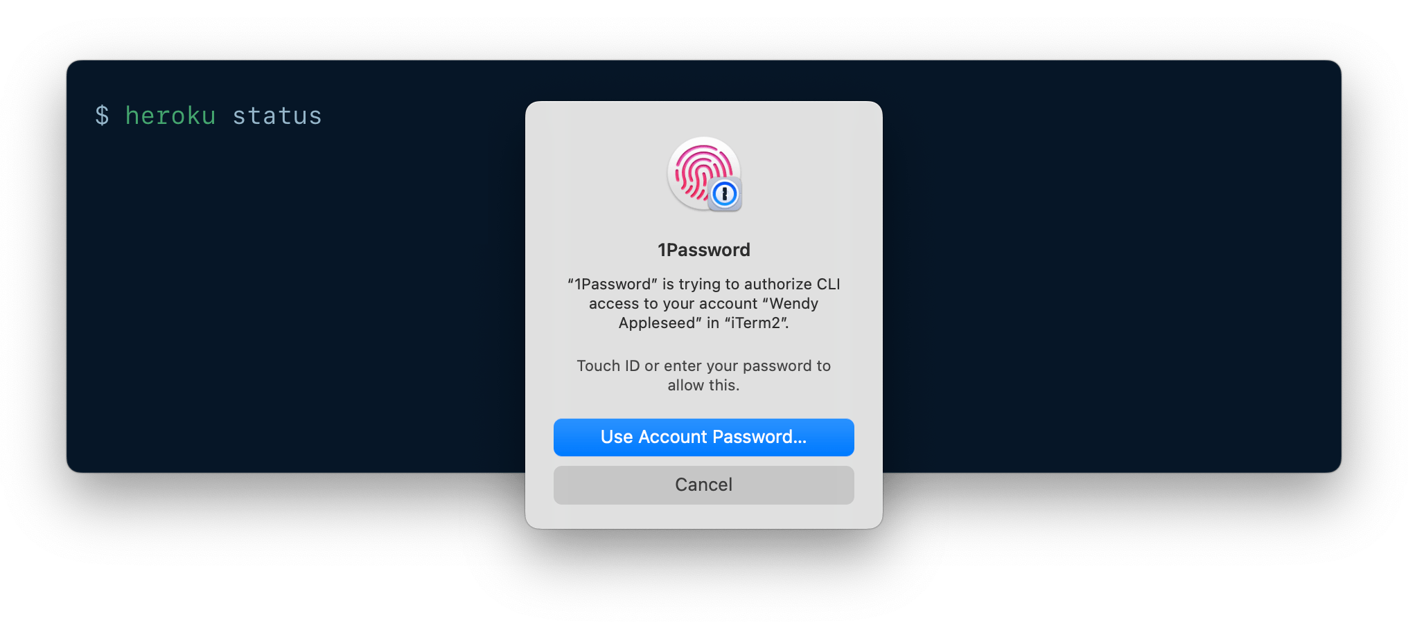 A CLI being authenticated using 1Password CLI biometric unlock.
