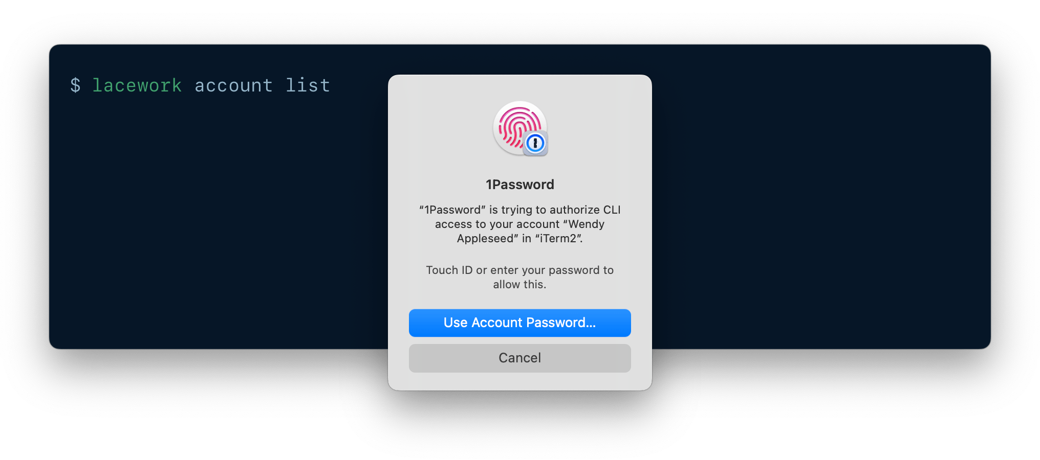 A CLI being authenticated using 1Password CLI biometric unlock.