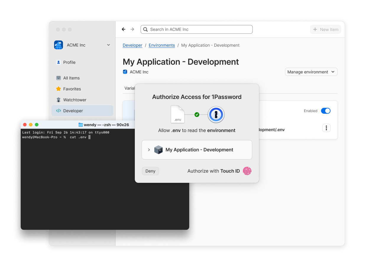 An authorization prompt is shown when you try to access a mounted `.env` file through your local terminal.