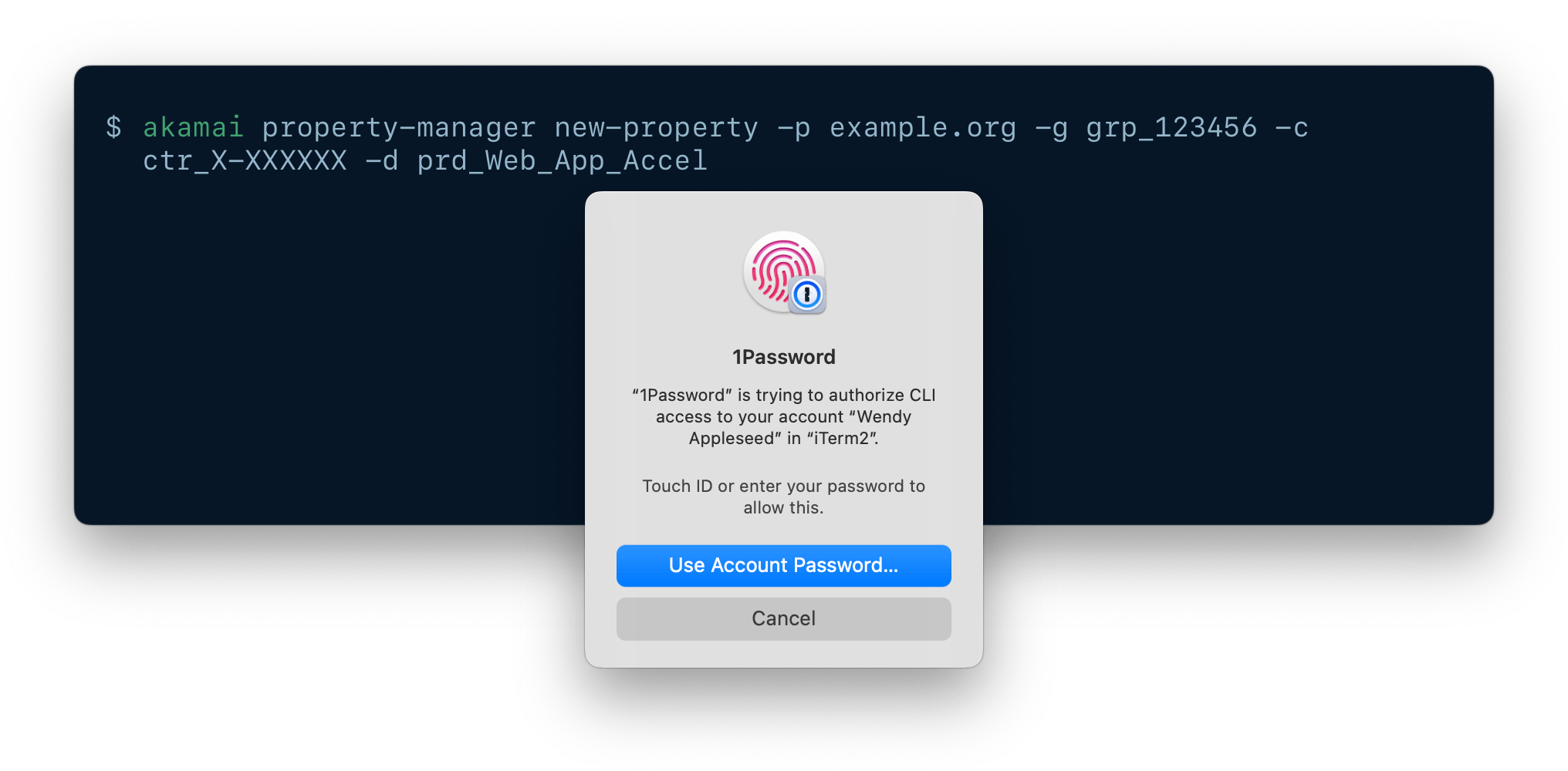A CLI being authenticated using 1Password CLI biometric unlock.