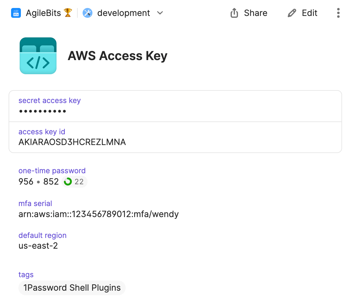 The AWS item in 1Password with MFA credentials added.