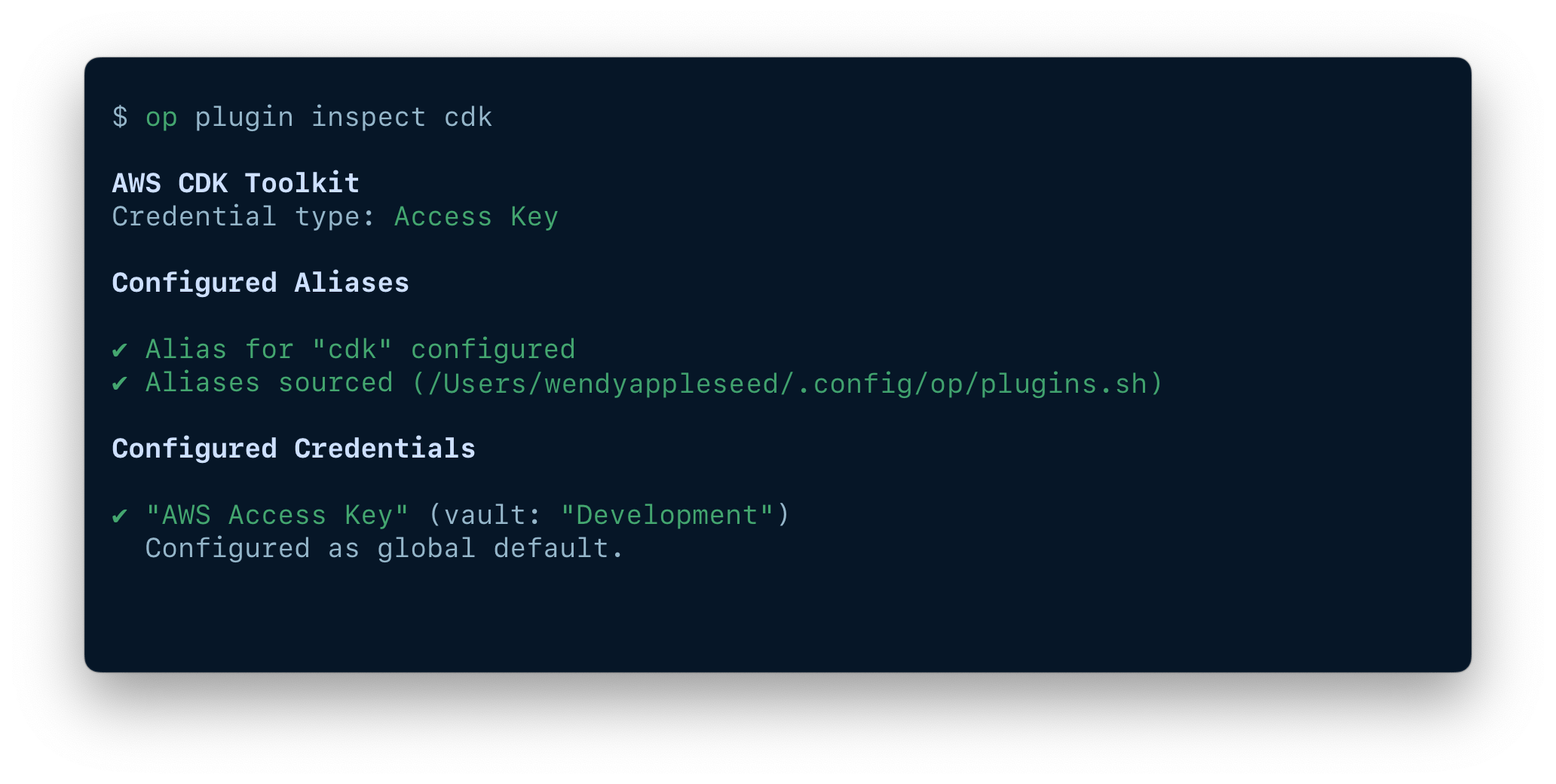 A terminal window showing the results of the command op plugin inspect.