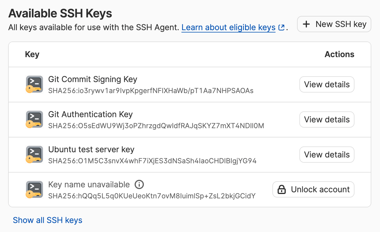 The list of available SSH keys in the 1Password app.