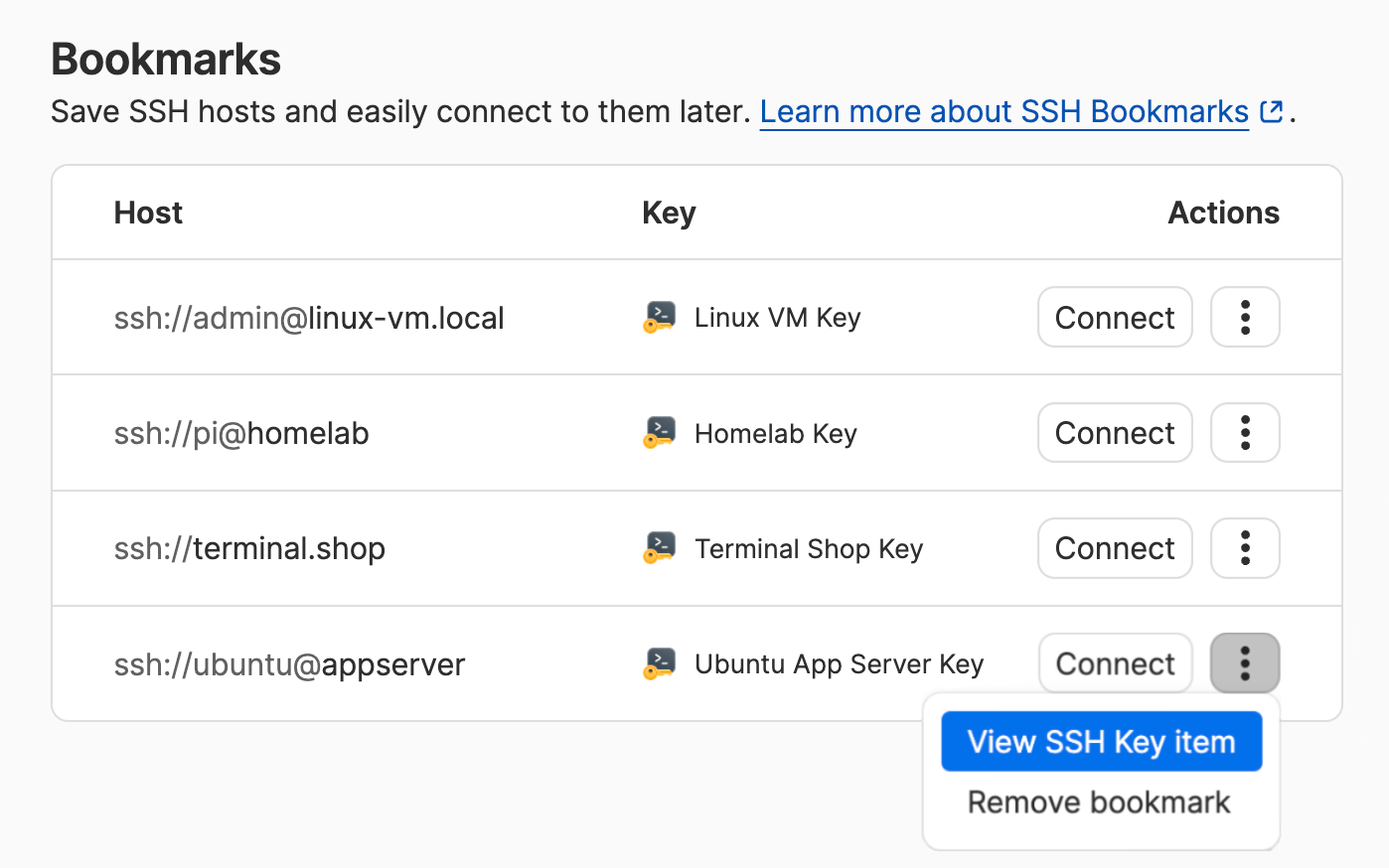The SSH bookmarks tab in the SSH Agent page of the 1Password app.