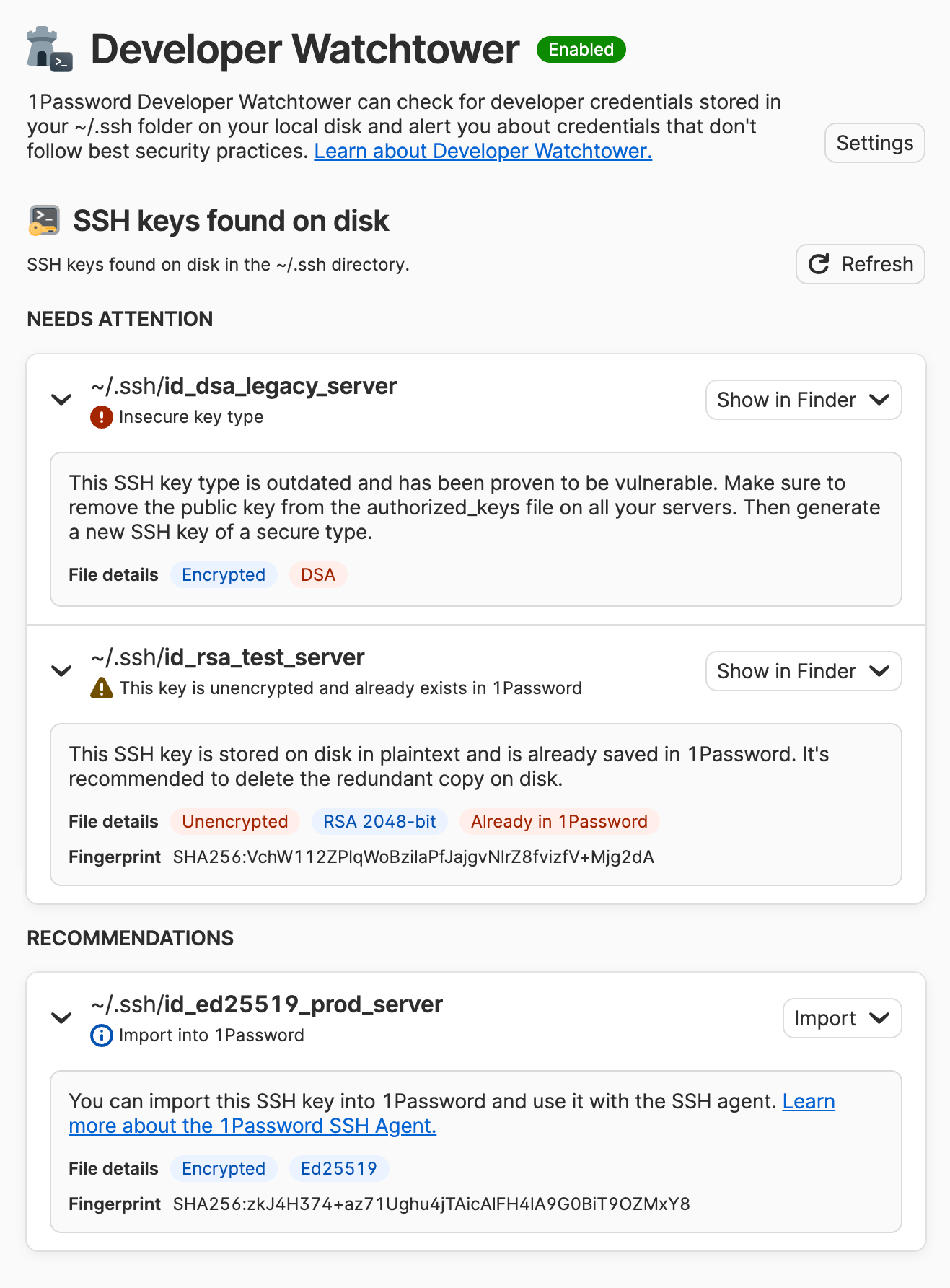 Developer Watchtower showing several discovered insecure SSH keys.