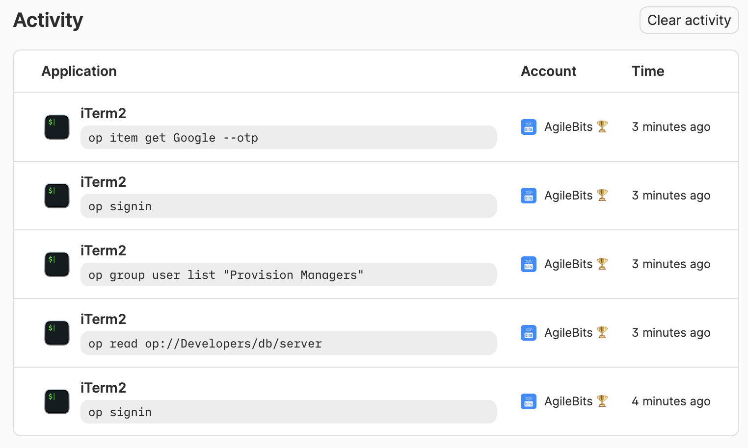 The 1Password CLI activity log.