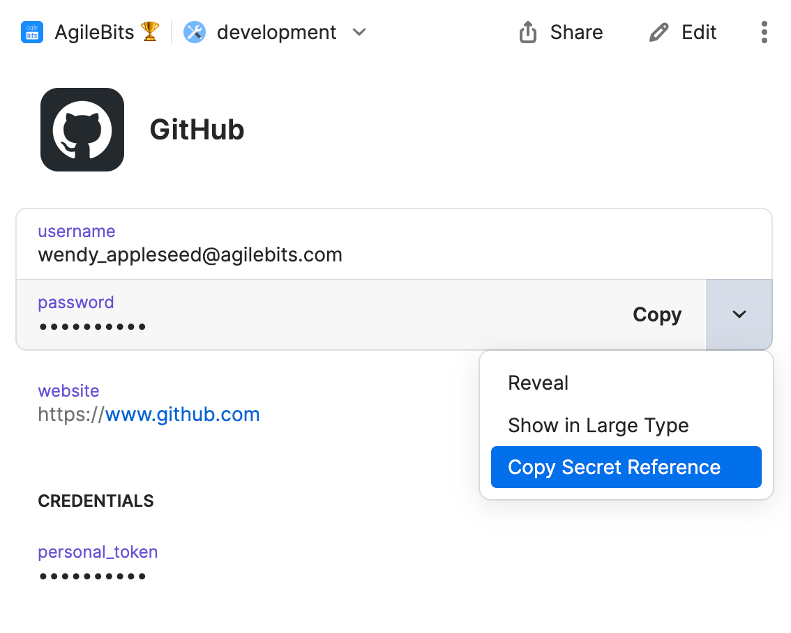 An item in 1Password with the Copy Secret Reference option selected.