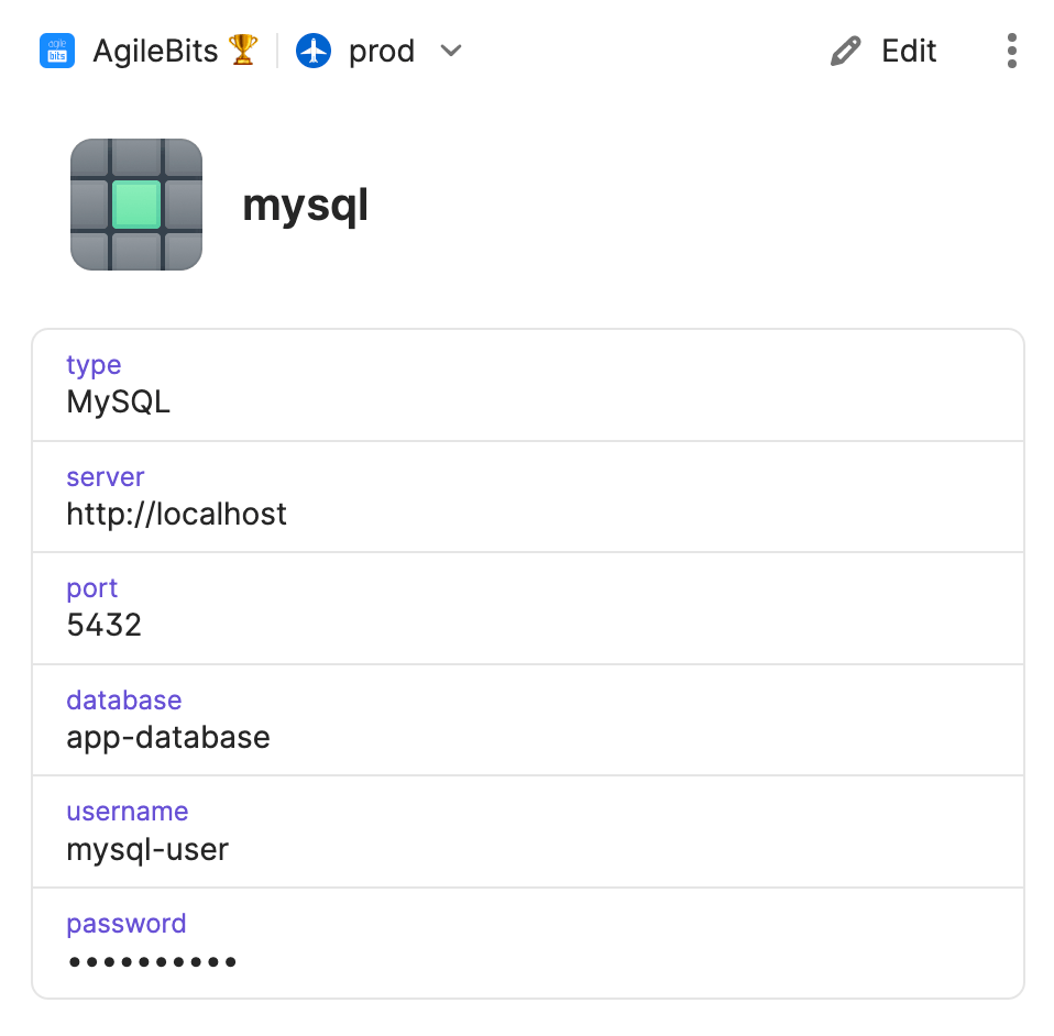 MySQL item in 1Password