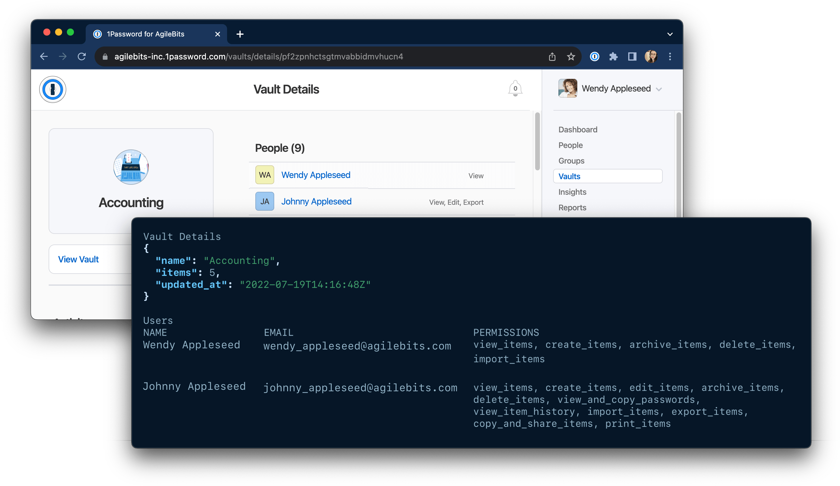 1password.com open to show the people who have access to a vault alongside a terminal window displaying the same information.