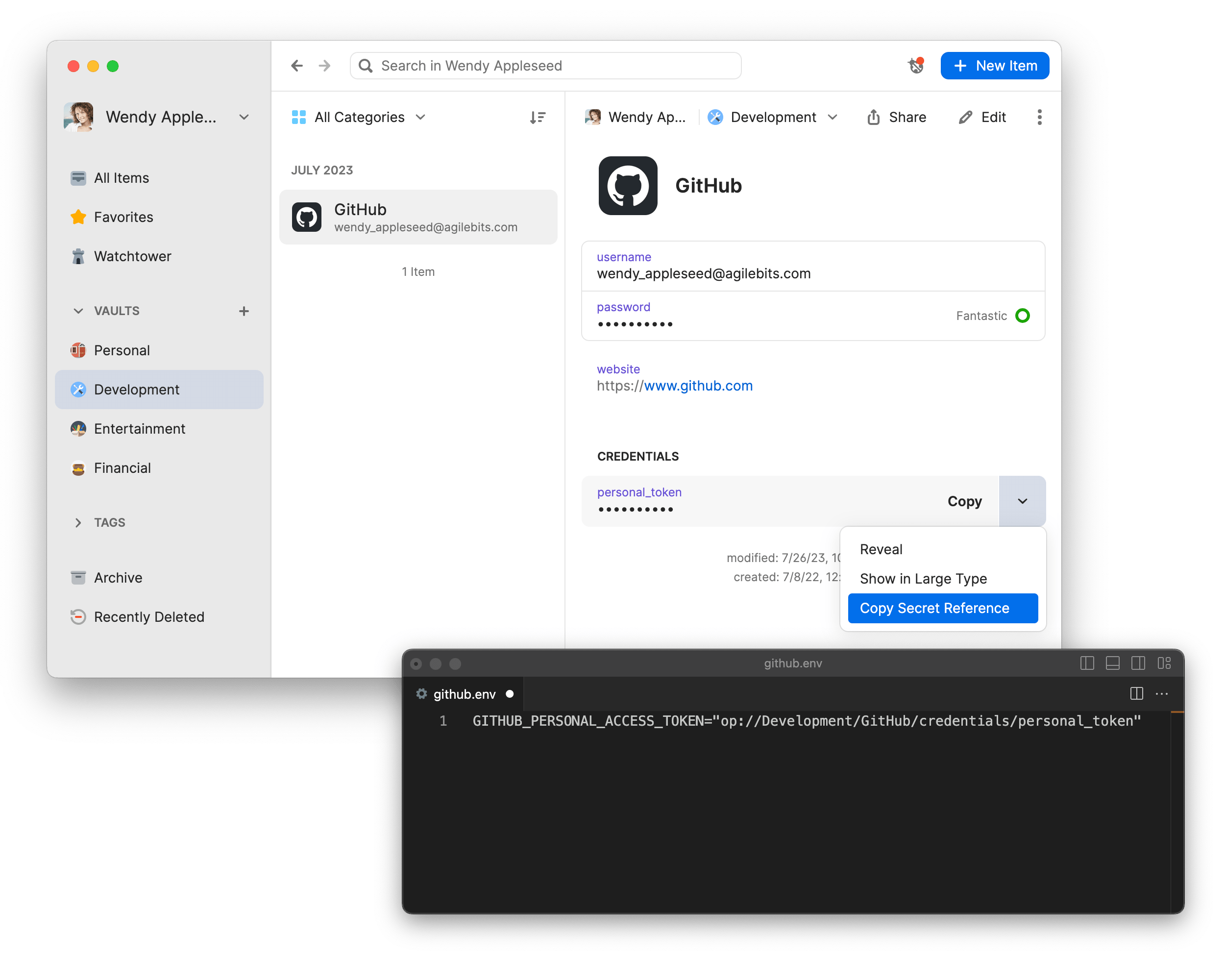 An item open in the 1Password app with the option to copy a secret reference selected.