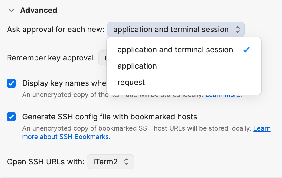 SSH agent advanced settings showing the menu with the options for when 1Password will ask you to approve SSH requests.
