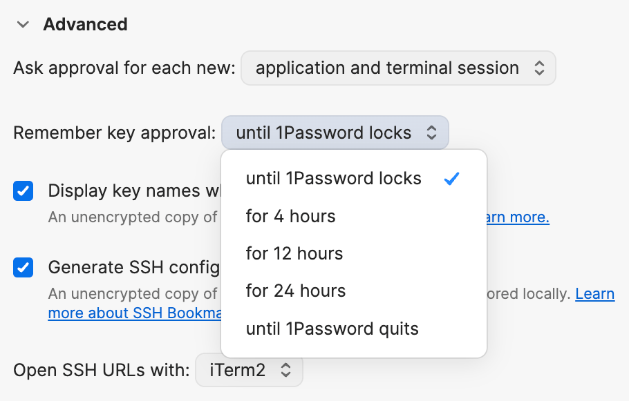 SSH agent advanced settings showing the menu with the options for how long 1Password remembers your key approval.