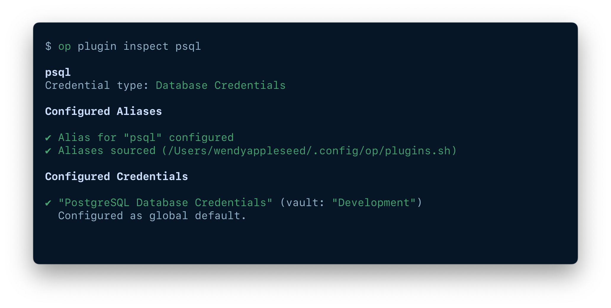 A terminal window showing the results of the command op plugin inspect.
