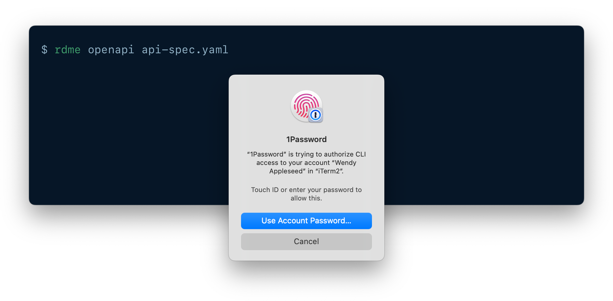 A CLI being authenticated using 1Password CLI biometric unlock.