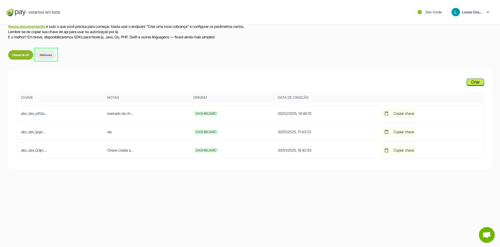 Interface mostrando webhooks