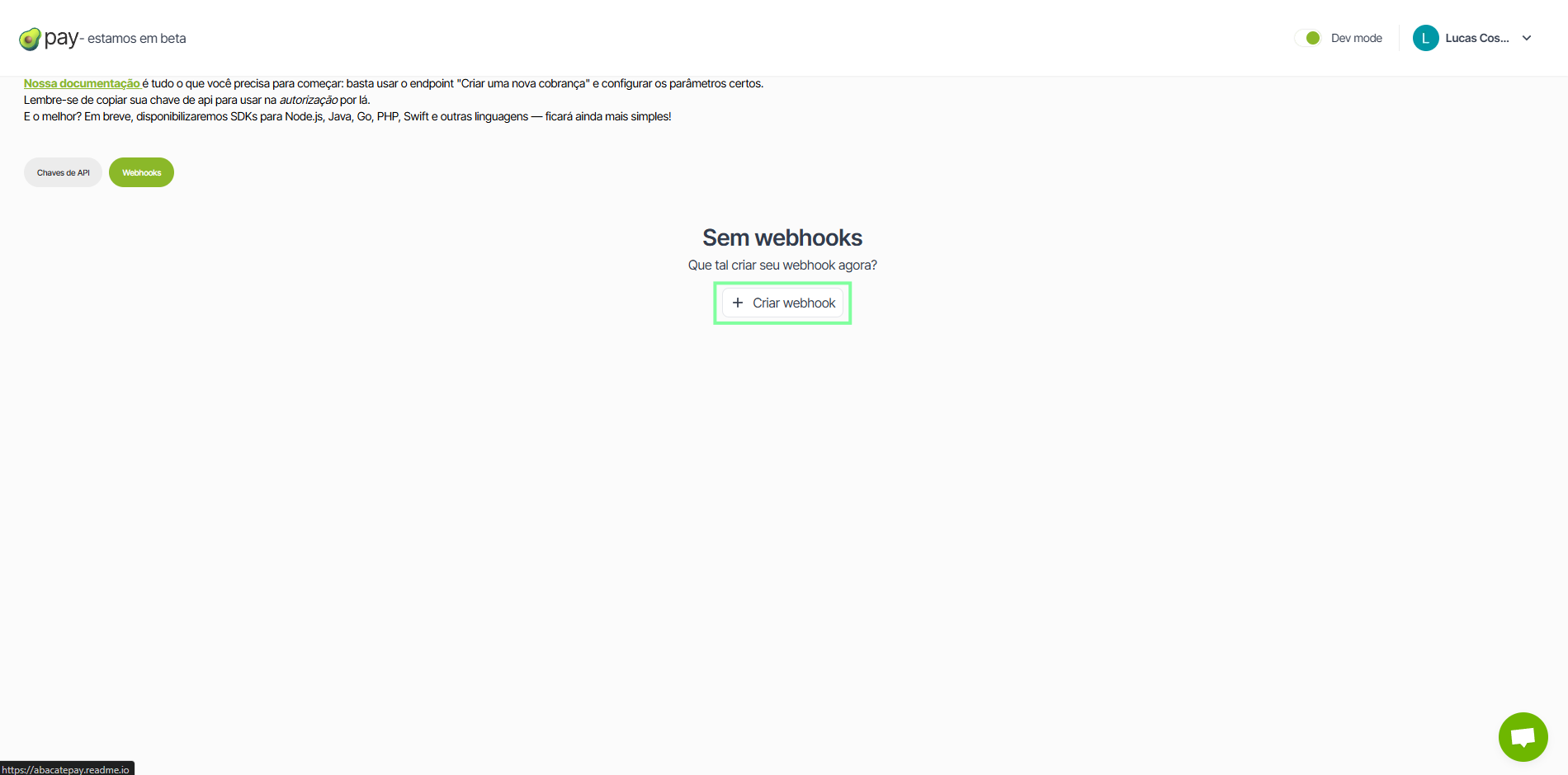 Formulário de criação de webhook