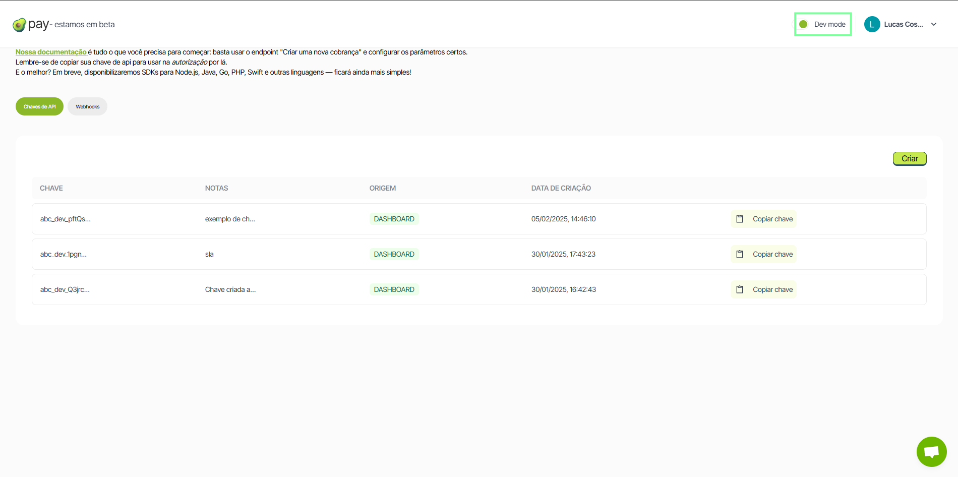 Interface da plataforma AbacatePay mostrando o botão de Dev mode