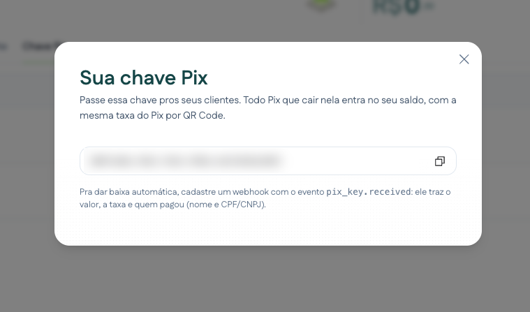 Modal Sua chave Pix com a chave e o botão de copiar