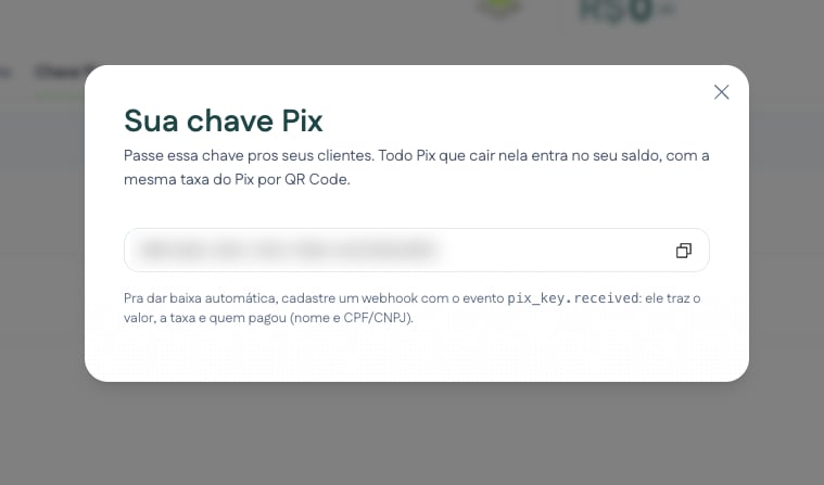 Modal Sua chave Pix com a chave e o botão de copiar