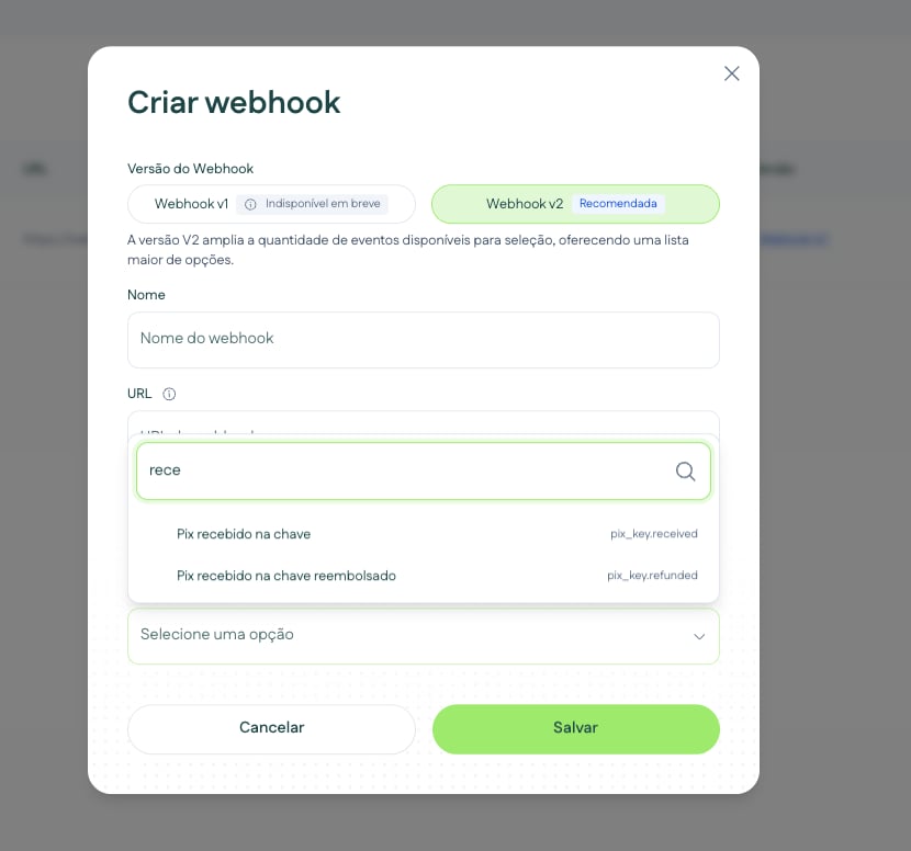 Criação de webhook v2 com os eventos de Pix por chave