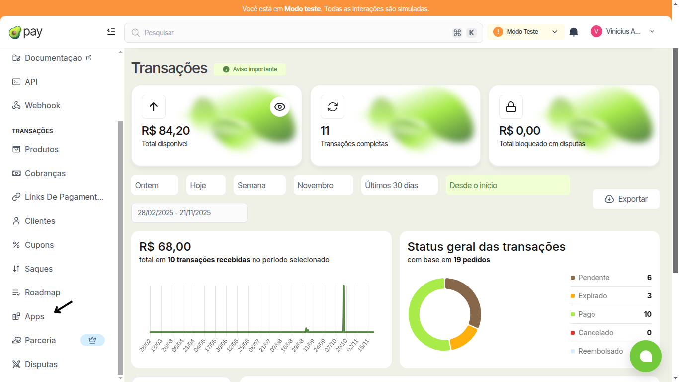 Interface da plataforma AbacatePay mostrando o botão Apps