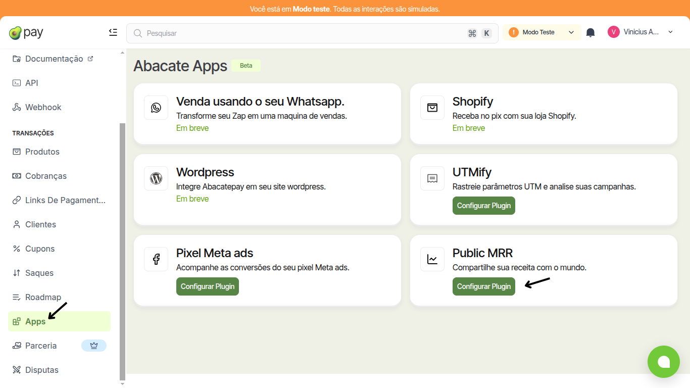 Interface da plataforma AbacatePay mostrando o botão trust MRR