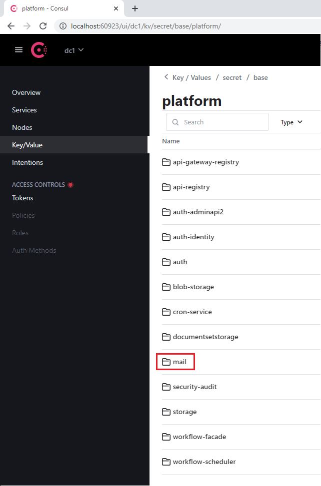 Lista de servicios de plataforma de Consul que muestra los servicios disponibles