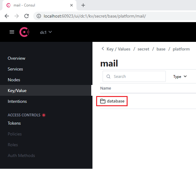 Pestaña Key/Value de Consul que muestra la selección de entorno de Vantage