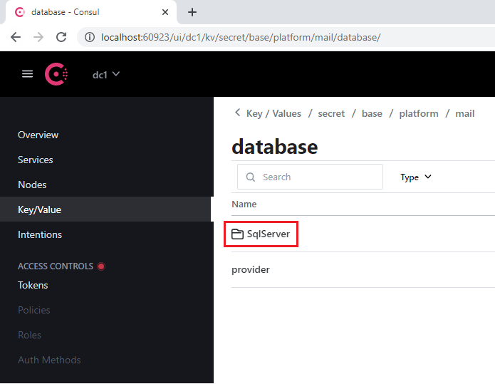 Sección de base de datos de Consul que muestra la configuración de SqlServer