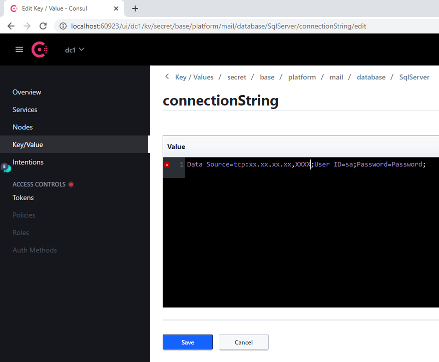 Editor de valor connectionString de Consul