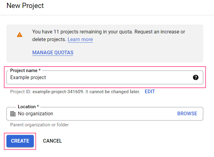 Google Cloud Platform New Project page showing project name field