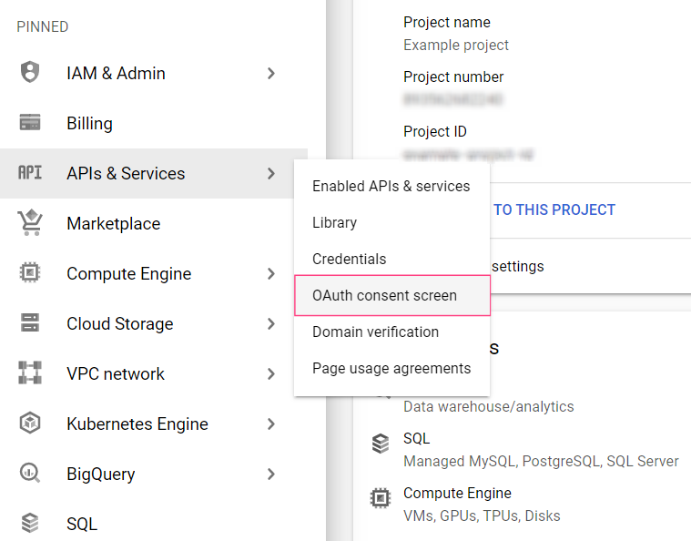 Google Cloud Console menu showing APIs & Services with OAuth consent screen option