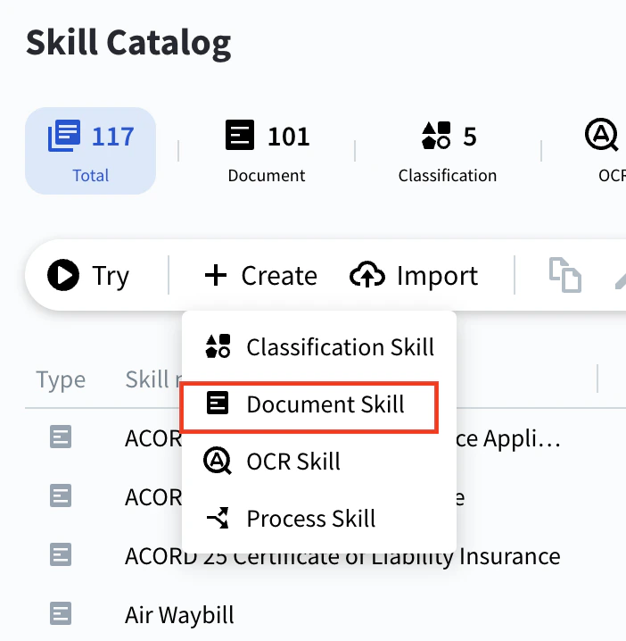 Skill Designer Create dialog showing skill type options