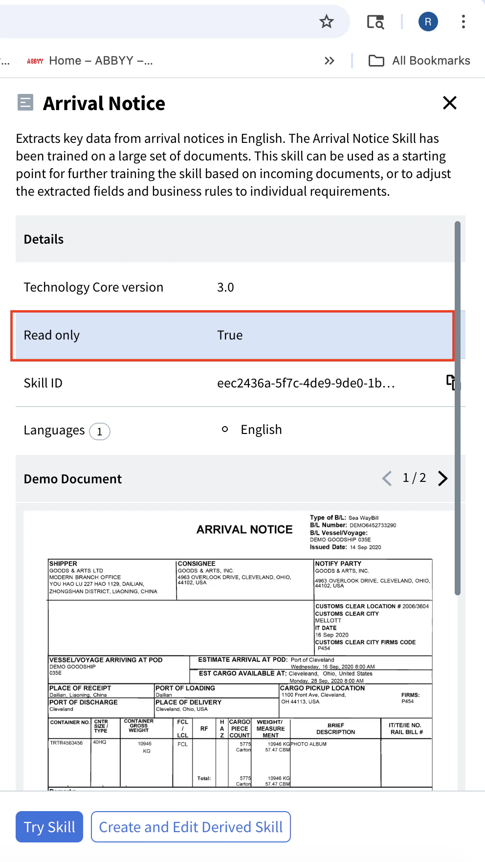 Skill Catalog showing a skill preview with demo document and Try Skill button
