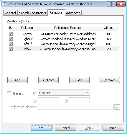 Screenshot of the Relations tab of the grAddress Group element properties in ABBYY FlexiLayout Studio, showing the offset and reference boundary constraints that position the group relative to the kwDeliveryAddress element.