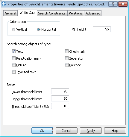 Screenshot of the White Gap tab of the wgAddressAbove element properties in ABBYY FlexiLayout Studio, showing the horizontal orientation, minimum height, and the Rubbish threshold values for the white gap.