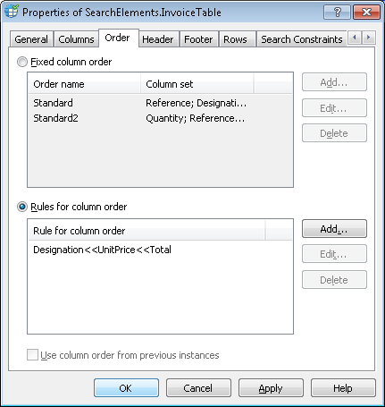 Capture d’écran de l’onglet Order des propriétés de l’élément Table InvoiceTable dans ABBYY FlexiLayout Studio, montrant l’option Rules for column order sélectionnée avec les colonnes Designation, Unit Price et Total ajoutées dans l’ordre requis.