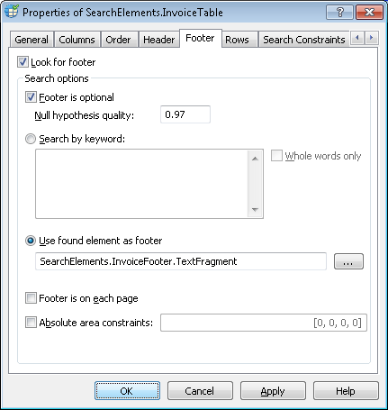 Capture d’écran de l’onglet Pied de tableau des propriétés de l’élément de tableau InvoiceTable dans ABBYY FlexiLayout Studio, montrant l’option Utiliser l’élément trouvé comme pied de tableau sélectionnée avec l’élément InvoiceFooter.Paragraph choisi comme pied de tableau.